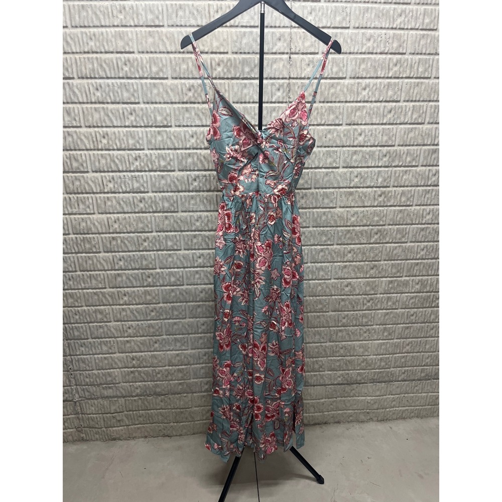 Cupshe Teal Pink Floral Maxi Dress XS Back Cutout Tie V-Neck Side Slit Pockets